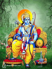 a painting of a deity sitting on a throne with the website bhagawanshajan.com at the bottom