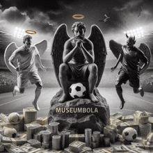 a statue of a man with wings and a soccer ball sits on a rock with the word museumbola on it