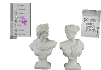 a statue of a man and a statue of a woman next to a windows 95 start screen