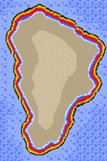 a pixel art drawing of a desert island with a rainbow colored border