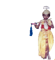 a little girl in a costume is holding a flute and a blue bag