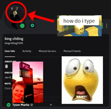a screenshot of a bing chilling account with a picture of tyson manka in the upper right corner