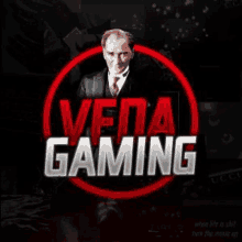 a man in a suit and tie is in a red circle with the words vena gaming written in white letters .