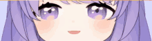 a close up of a purple haired anime girl 's face