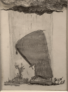 a black and white drawing of a person standing in the rain with a hand written caption