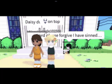 two cartoon characters are standing in front of a building with a sign that says daisy du on top