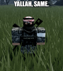 a video game character standing in a field with the words yallah same written above him