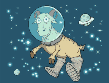 a cartoon of a goat wearing a space helmet and boots