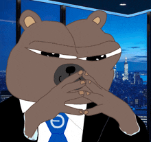 a cartoon of a bear in a suit and tie with the letter e on it