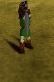 a video game character is standing on a grassy field holding a shield and sword .