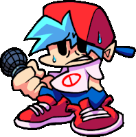 a cartoon character is singing into a microphone while wearing a red hat .