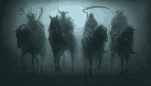 the four horsemen of the apocalypse are riding horses in the fog .