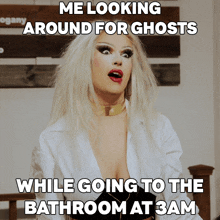 a woman is looking around for ghosts while going to the bathroom at 3 am