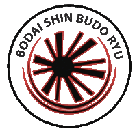 a logo for bodai shin budo ryu with a black and red circle