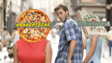 a man is looking at a woman while holding a box that says pizza