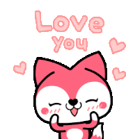 a cartoon of a fox saying love you with hearts around it