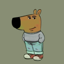 a cartoon bear wearing a grey sweater and blue jeans