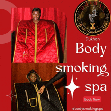 an advertisement for a body smoking spa shows a woman in a red robe