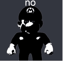 a black and white image of a mario character with the word no written above him