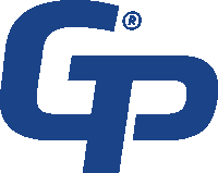 a blue gp logo with a white r