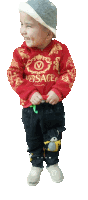 a little boy wearing a red versace sweater