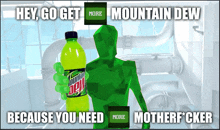 a bottle of mountain dew is being held by a green man