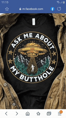 a black t-shirt that says ask me about my butthole