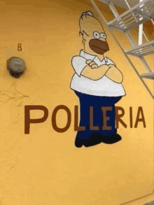 a painting of homer simpson on a yellow wall with the word polleria .