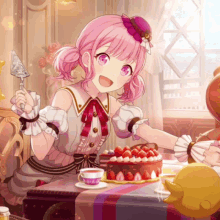 a pink haired anime girl is sitting at a table with a cake