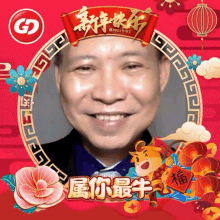 a man in a suit is smiling in a chinese frame .