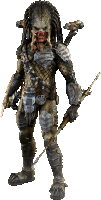 a predator holding a spear and a sword with a white background