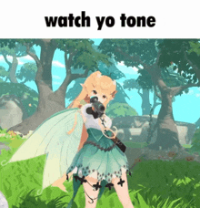 a picture of a fairy holding a gun and the words watch yo tone