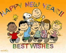 a happy new year card with snoopy and his friends