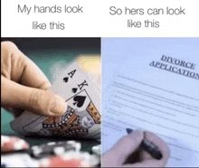 a person holding a playing card and a divorce application