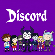 a group of cartoon characters are standing in front of a purple background with the word discord on it