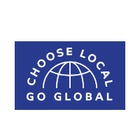 a blue sign that says choose local go global with a globe in the center