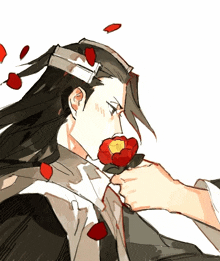 a drawing of a man with long hair holding a red flower