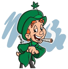 a cartoon of a leprechaun smoking a cigarette with a marijuana leaf on his hat