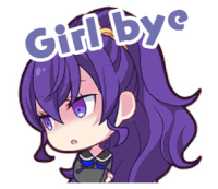 a girl with purple hair and the words girl bye on her head