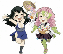 a girl with pink hair is holding a basket of flowers next to a girl with green hair