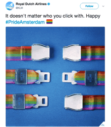 a twitter post by royal dutch airlines shows a rainbow colored seat belt