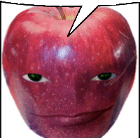 a red apple with a face and a speech bubble above it