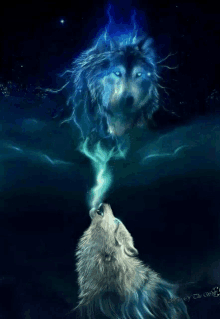 a painting of a wolf howling with a reflection of another wolf