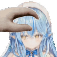 a hand is touching a girl 's head with blue hair