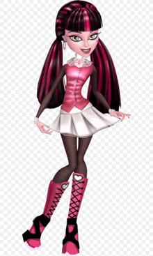 draculaura monster high doll is wearing a pink and black outfit and boots .