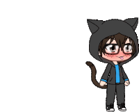 a boy with glasses and a cat tail is wearing a cat costume .