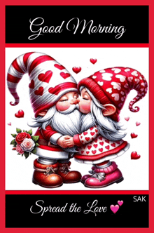 a good morning spread the love card with gnomes kissing