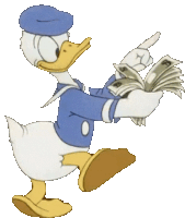 donald duck is holding a stack of money and pointing