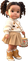 a little girl with curly hair is wearing a white sweater and a tan skirt