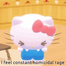 hello kitty is standing in a room with the words `` i feel constant homicidal rage '' below her .